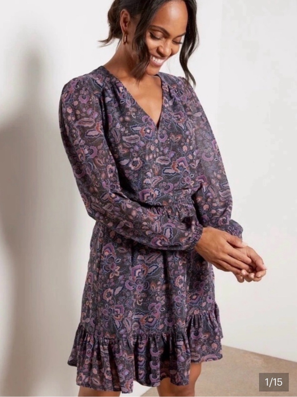 Evereve Purple Floral V-Neck Ruffle-Hem Long Sleeve Dress